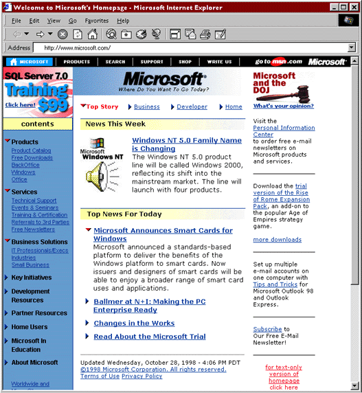 Microsoft homepage (1998)